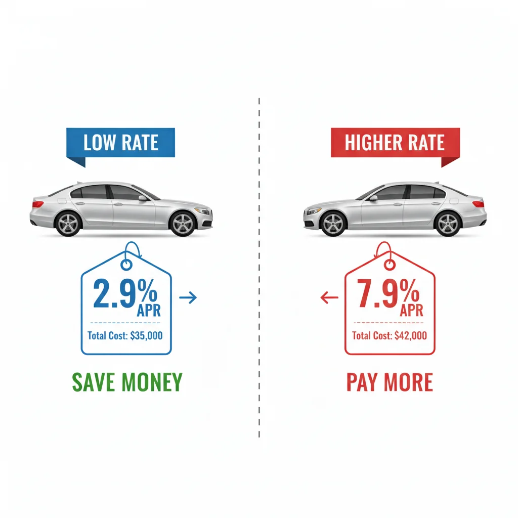 Two identical cars compared side by side showing different loan rates and total costs