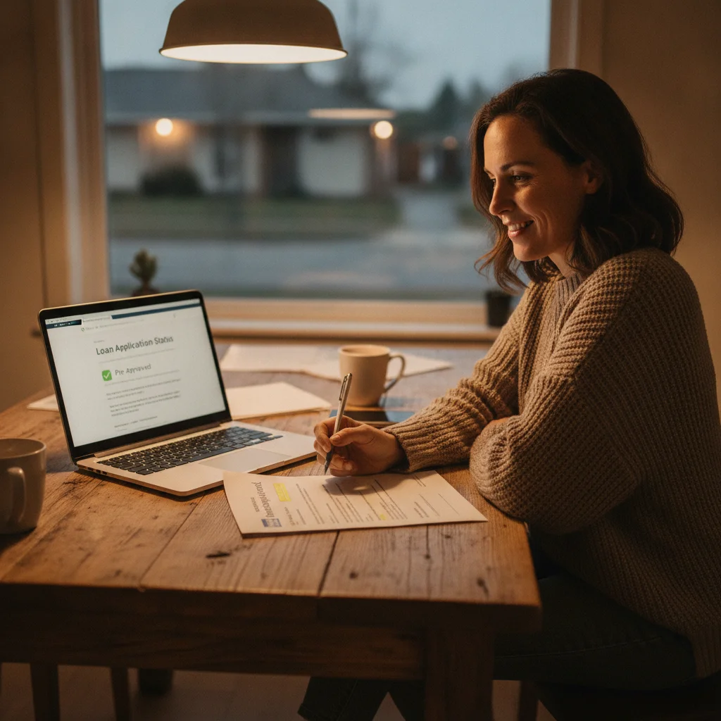 Person at kitchen table reviewing a printed auto loan pre-approval letter with a laptop open