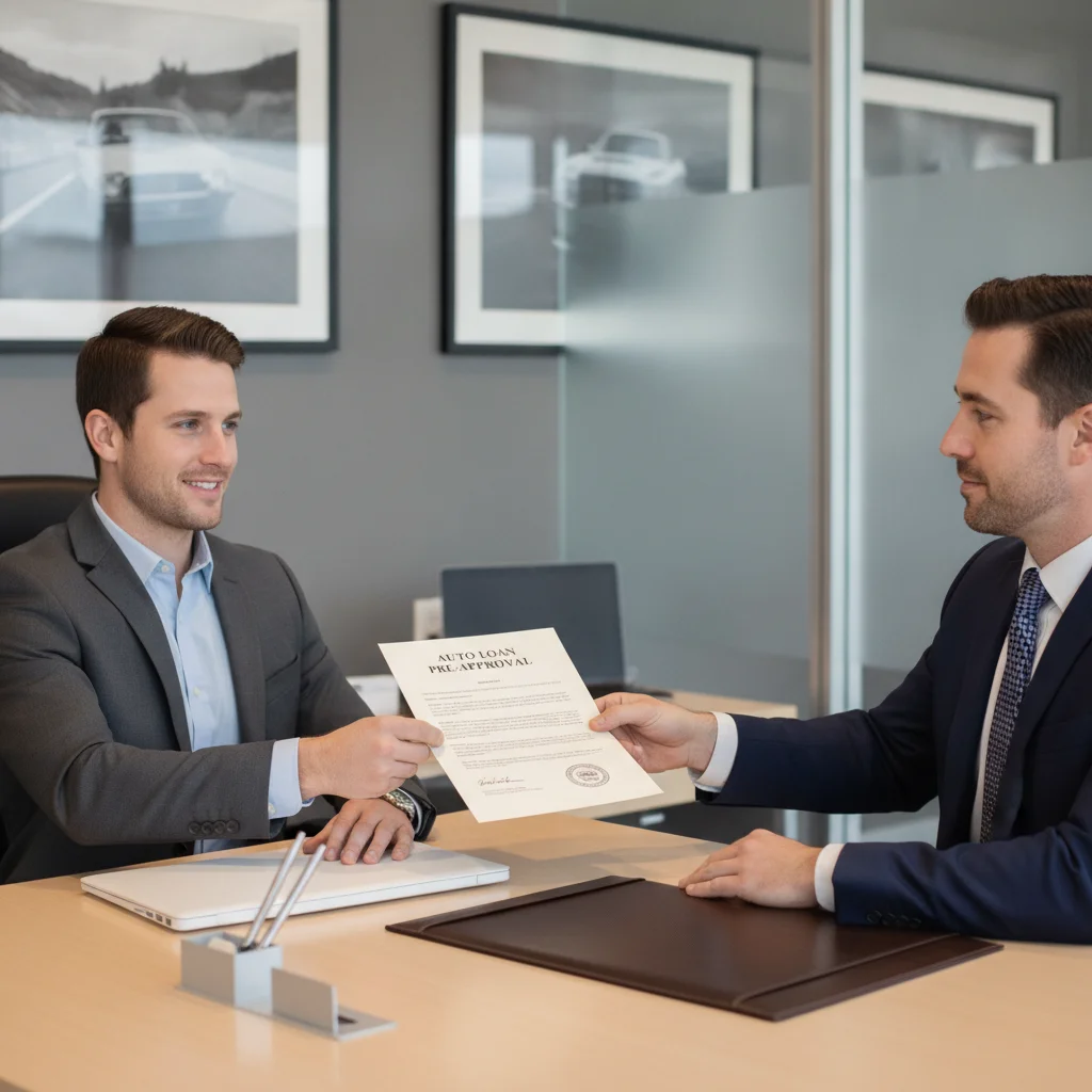 Car buyer handing a pre-approval document to a dealer finance manager across a desk