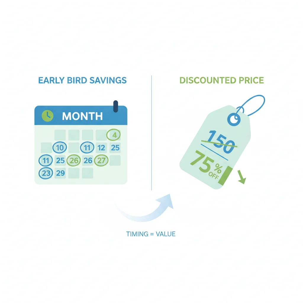 Infographic showing a calendar month connected to a price tag with an upward arrow