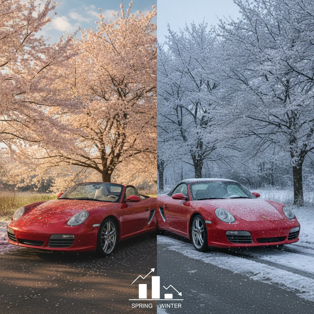 Convertible car shown side by side in spring sunshine and winter gray to illustrate seasonal demand shifts