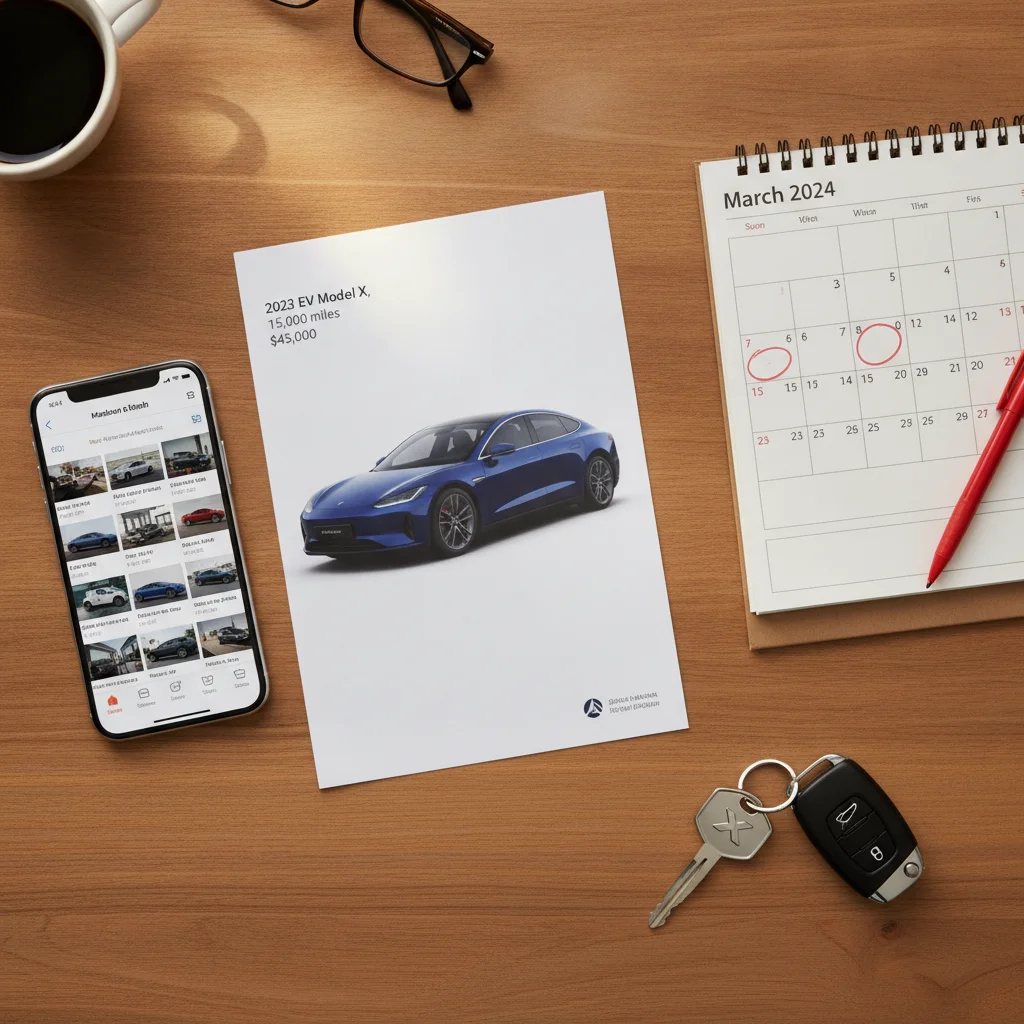 Car listing printout, phone with marketplace app, open calendar showing March, and car keys on a wood surface
