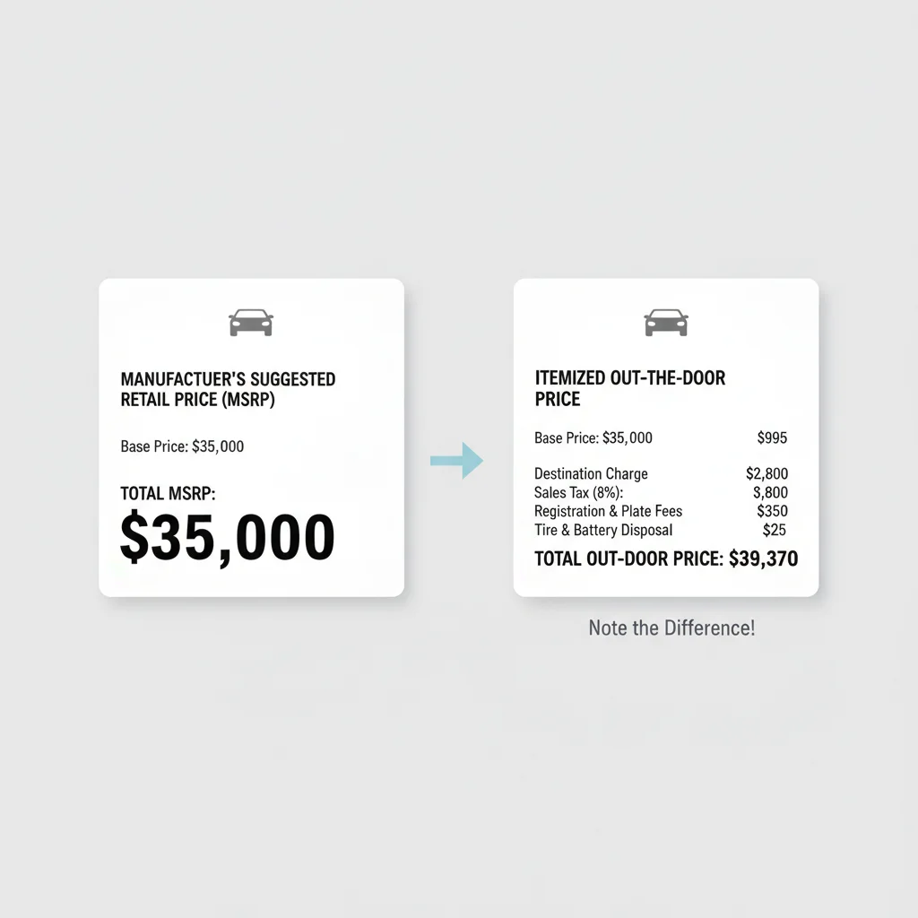 Side-by-side comparison of MSRP sticker versus full itemized out-the-door price breakdown