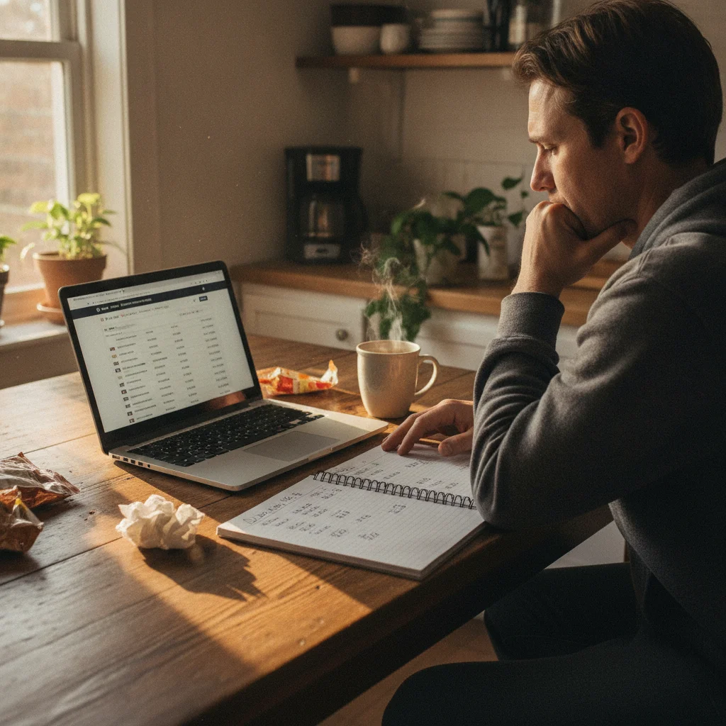 Person calculating out-the-door car price at home using a laptop and handwritten notes
