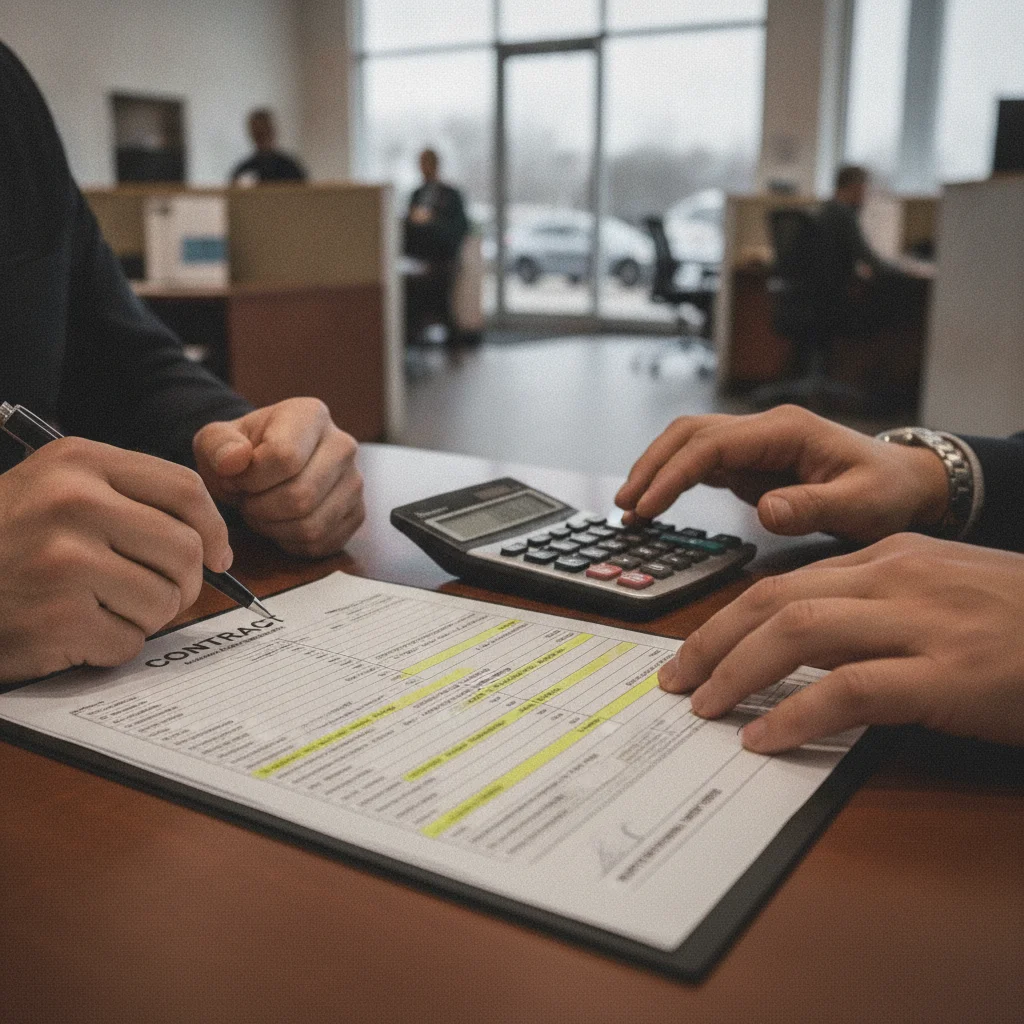 Car dealership contract worksheet with highlighted line items during a price negotiation