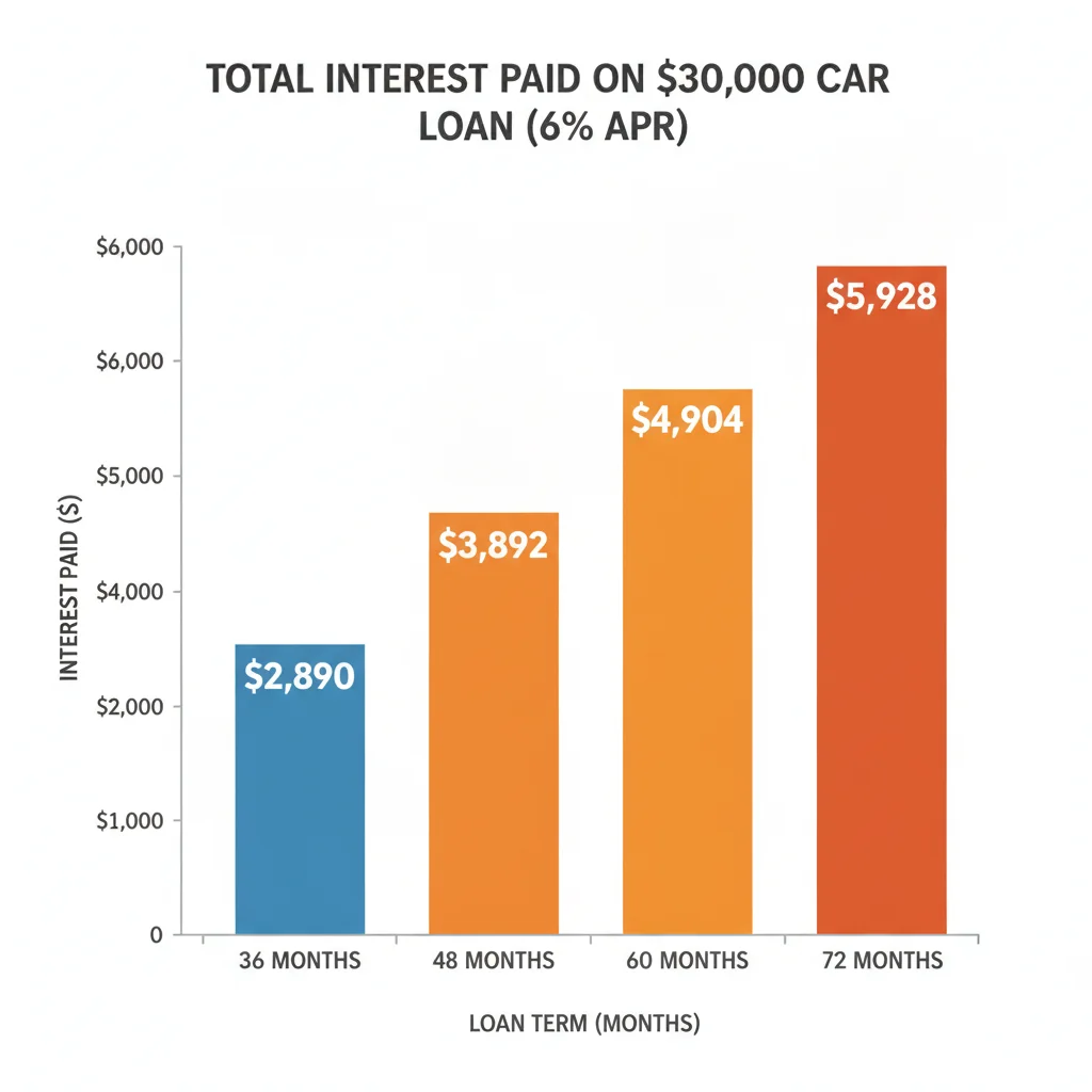 Bar chart comparing total interest paid on a $30,000 auto loan at 6% APR across 36, 48, 60, and 72-month terms