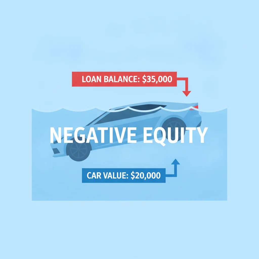 Illustration showing a car in a negative equity situation where the loan balance exceeds the vehicle's current market value