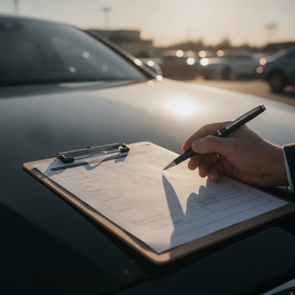 Dealership appraisal form on clipboard resting on the hood of a car during a trade-in evaluation
