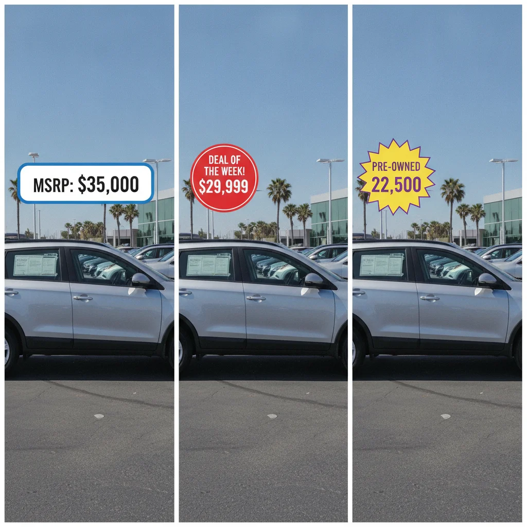 Three identical compact SUVs on a dealer lot each displaying a different price tag, illustrating trade-in offer variance