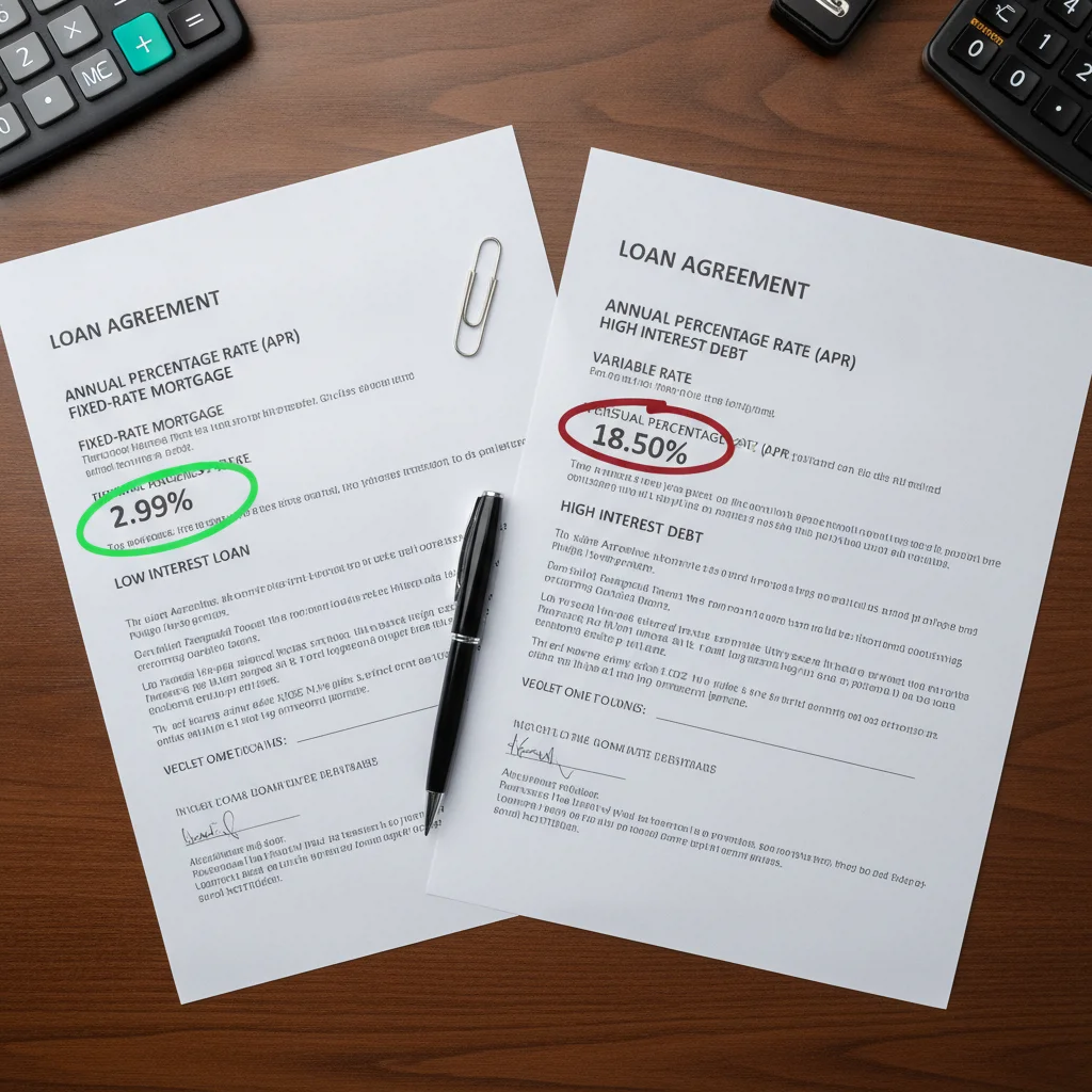 Two auto loan documents on a desk showing contrasting interest rates highlighted in different colors