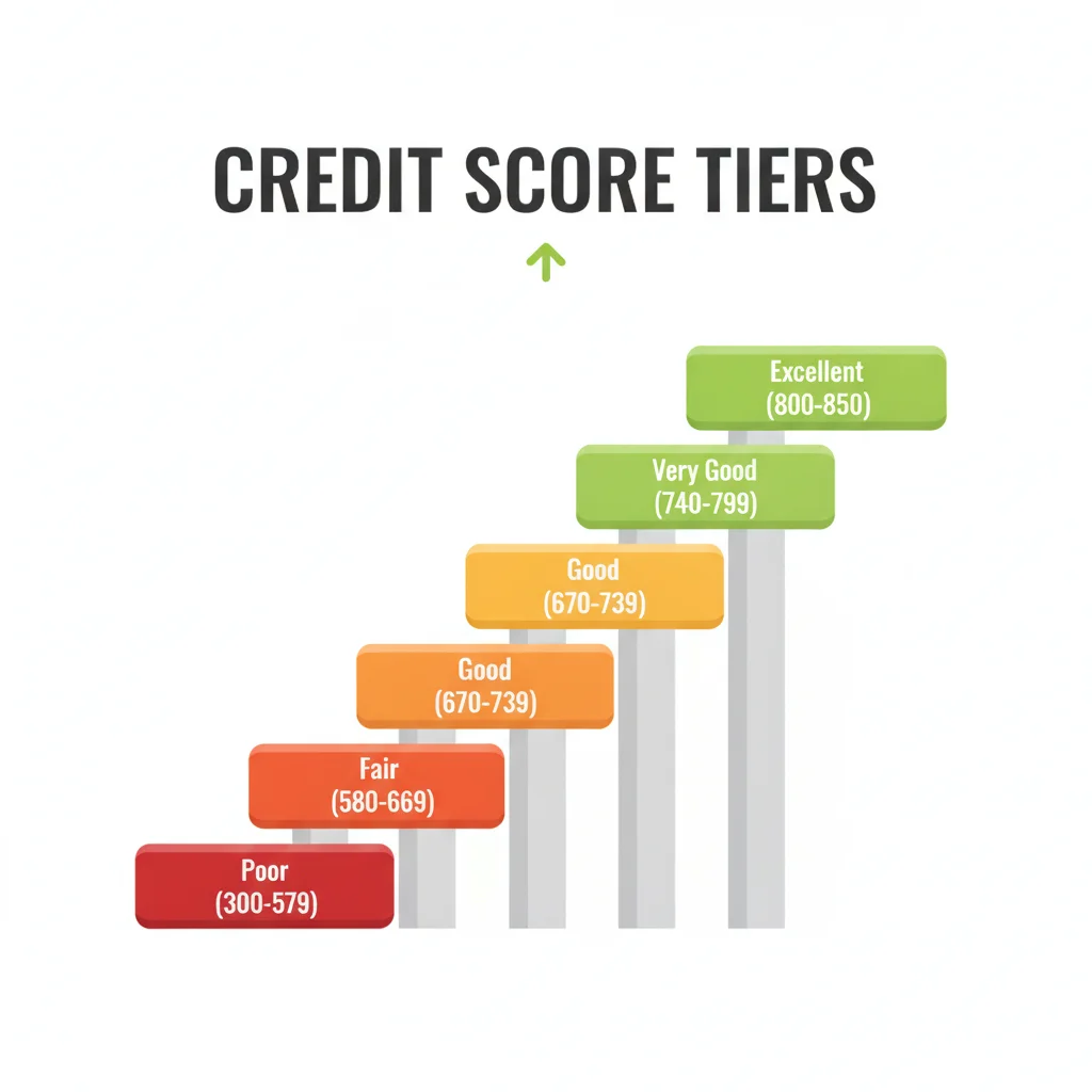 Credit score tier diagram showing progression from deep subprime at bottom to super prime at top