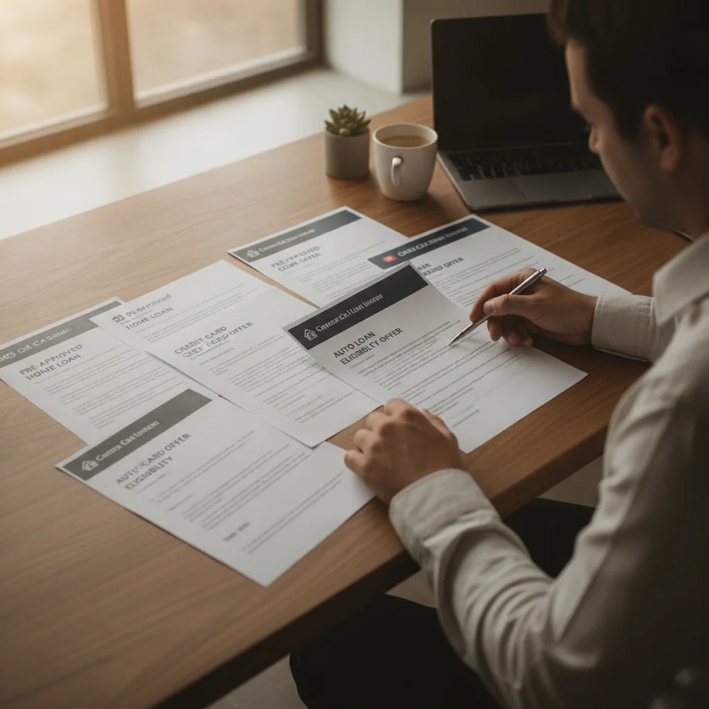 Person reviewing multiple auto loan preapproval letters from different lenders laid out on a desk