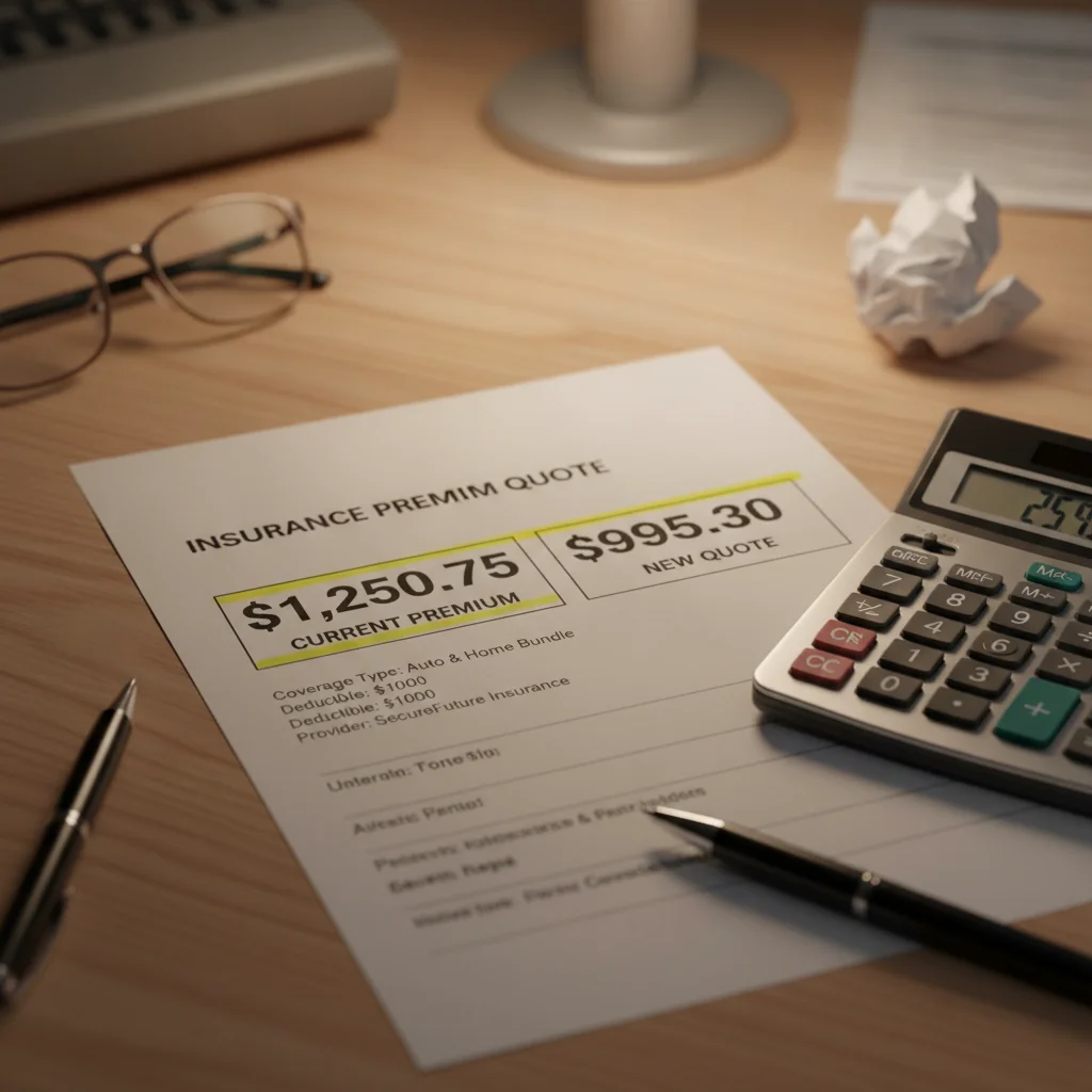 Two auto insurance quote documents side by side showing different premium amounts on a desk