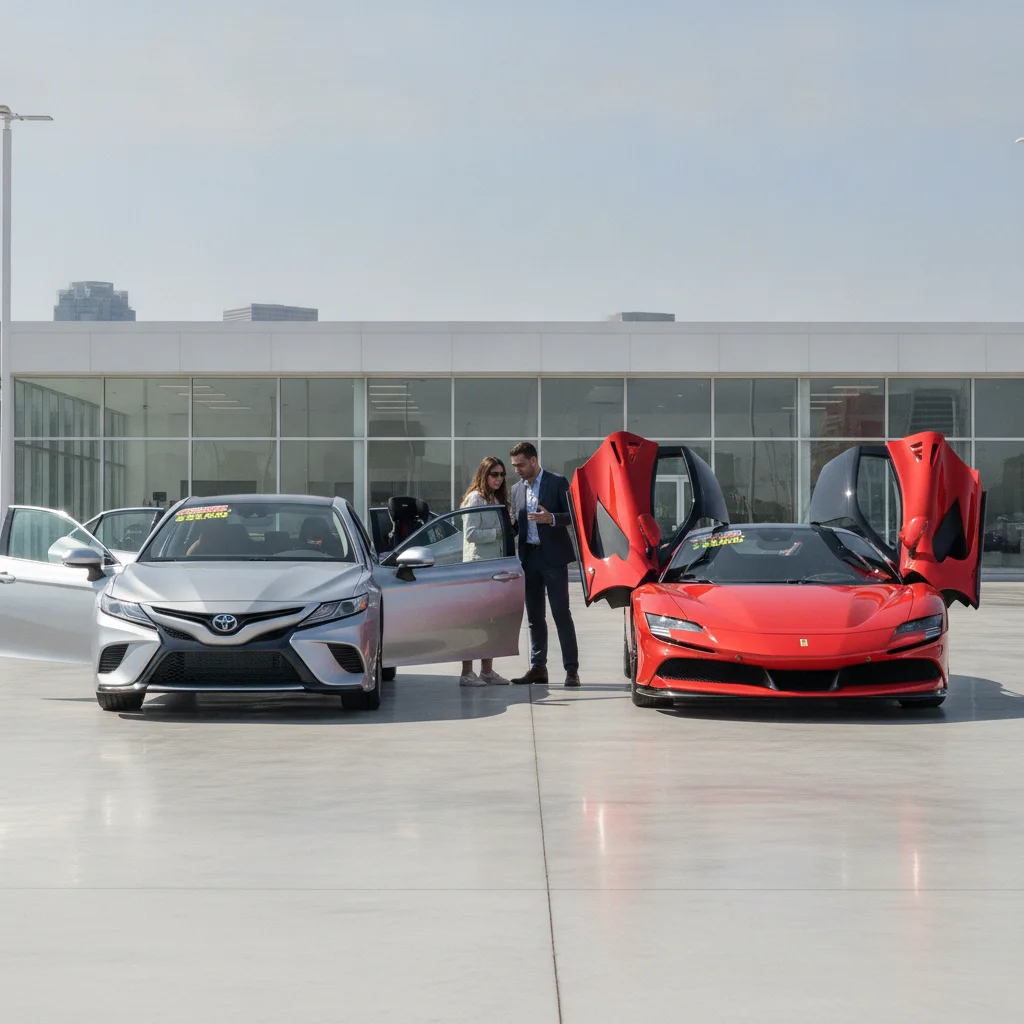 A practical sedan and a high-performance sports car parked side by side at an auto dealership