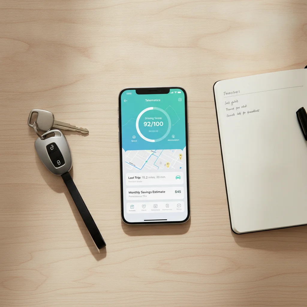 Smartphone showing a usage-based insurance telematics app next to car keys on a desk