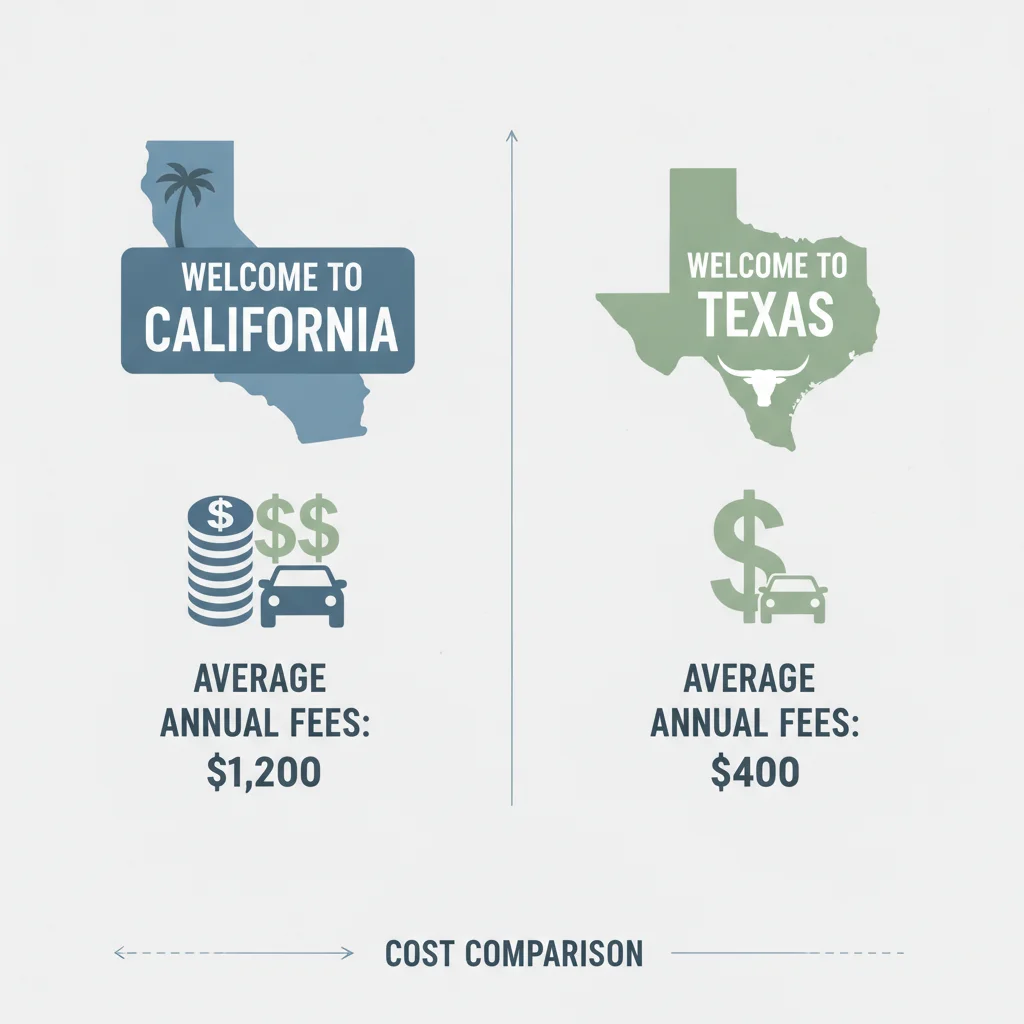 Illustrated comparison of two state welcome signs with different vehicle fee dollar amounts shown below each