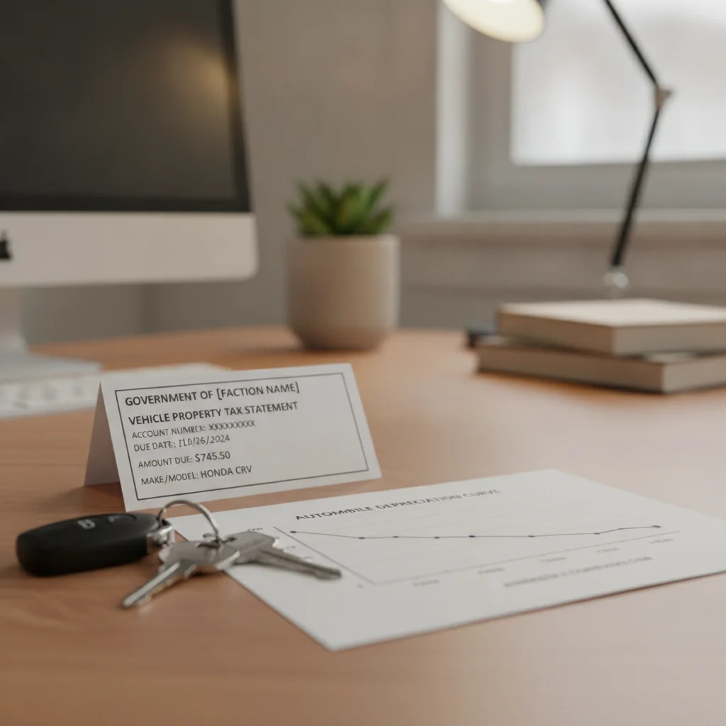 Vehicle personal property tax bill on a desk next to a car key and a depreciation value chart