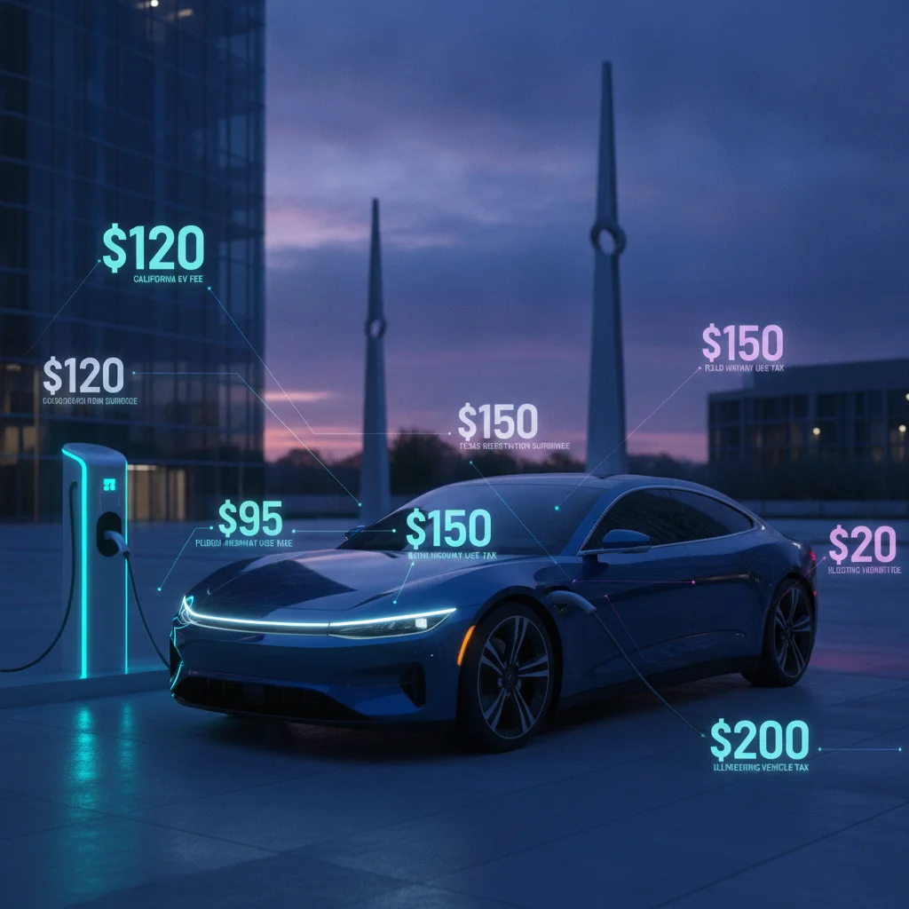 Electric vehicle charging at a station with state-specific fee amount graphics overlaid on the image