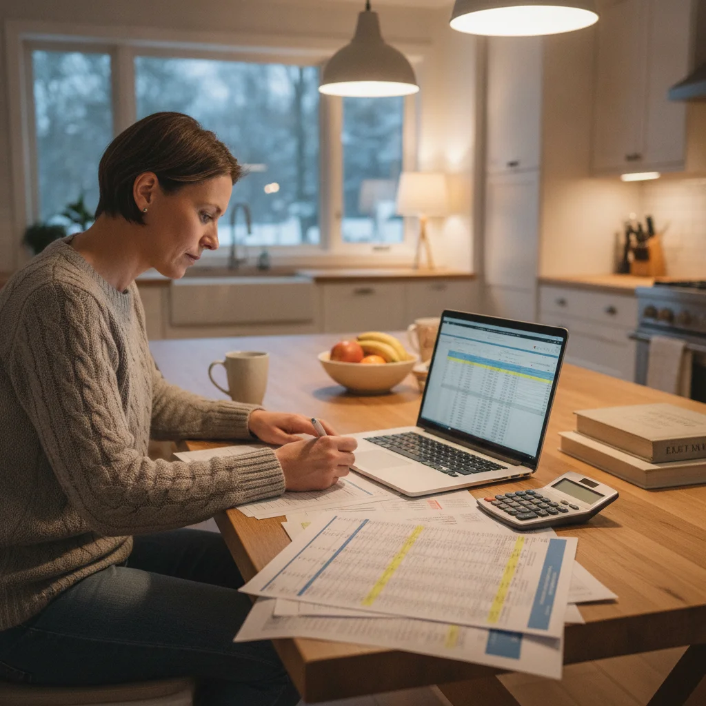 Person at kitchen table reviewing car ownership cost spreadsheets on laptop with a calculator nearby
