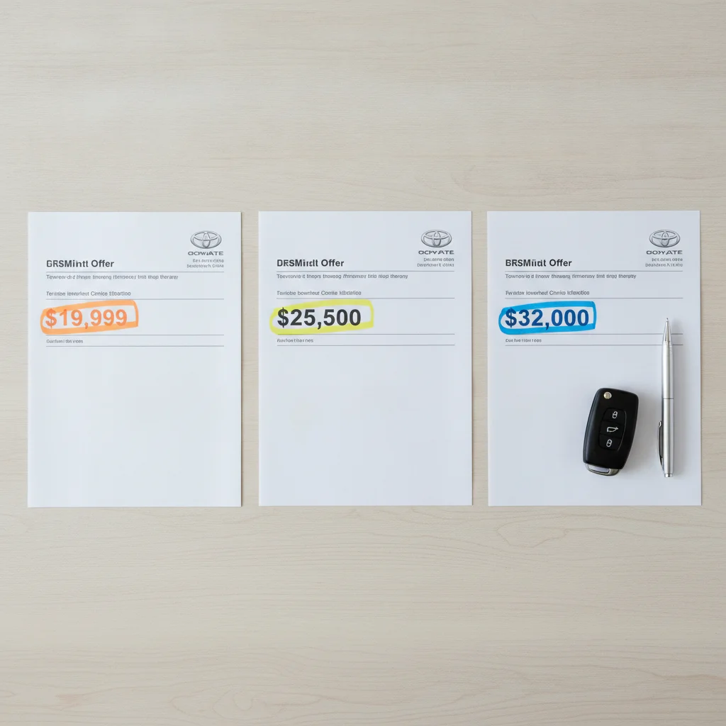 Three printed instant car offer sheets showing different prices laid out on a desk beside a car key