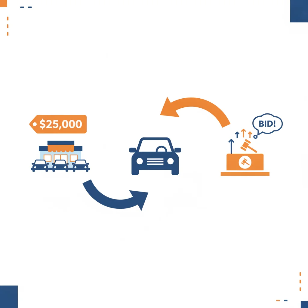 Illustration showing two business model paths for reselling a car — retail and wholesale auction routes