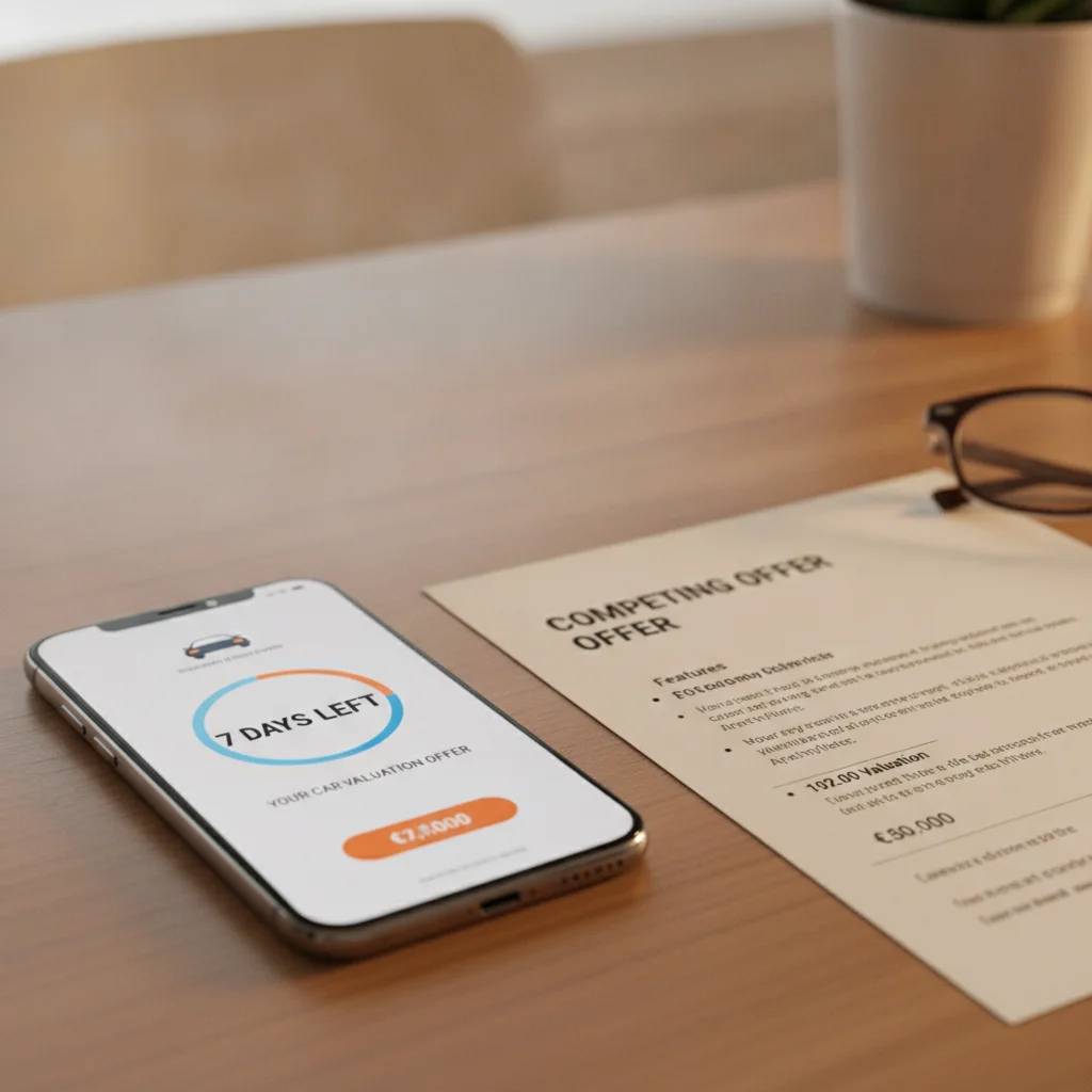 Smartphone showing an instant car offer countdown timer next to a competing written offer on paper