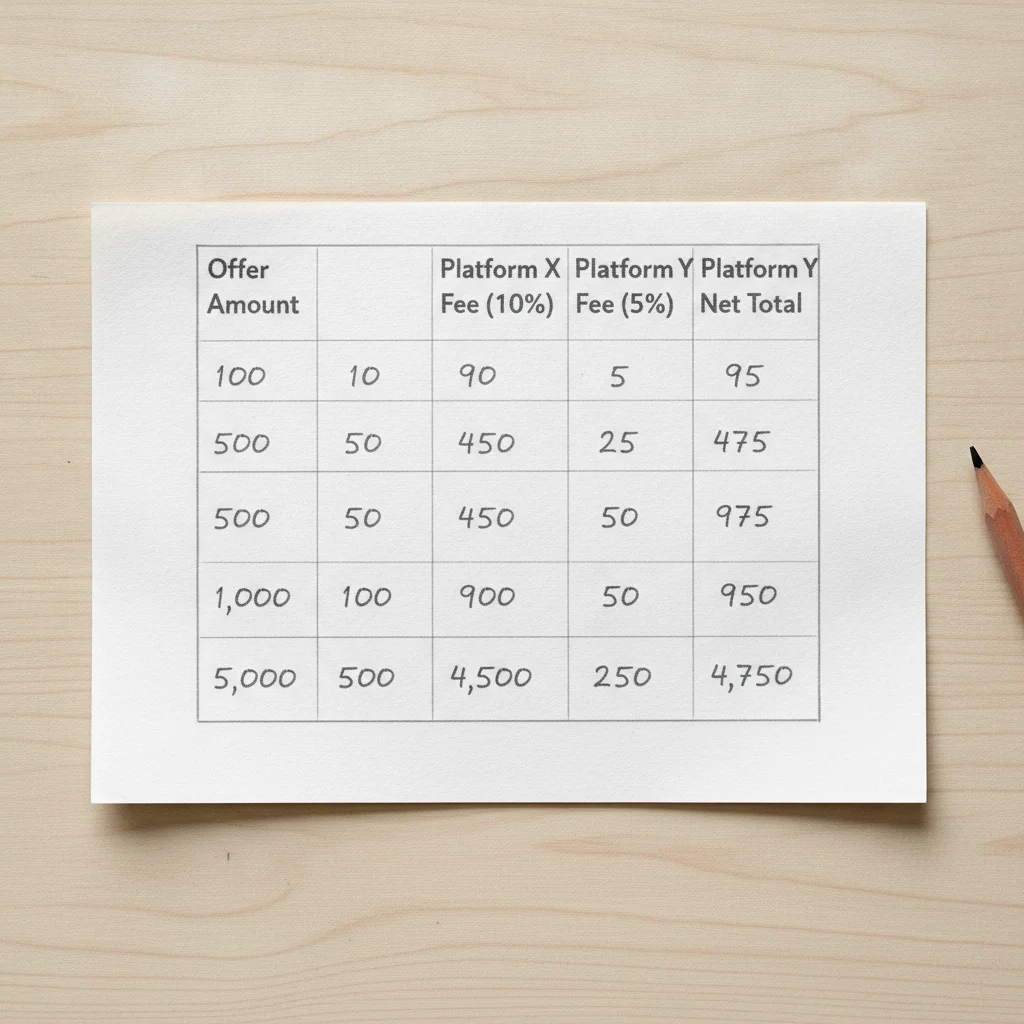 Hand-drawn comparison table showing net proceeds from two instant offer platforms after fees are subtracted