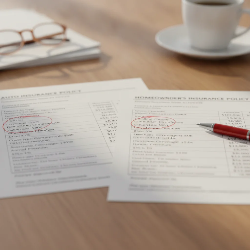 Two auto insurance declarations pages placed side by side with key coverage terms circled for comparison