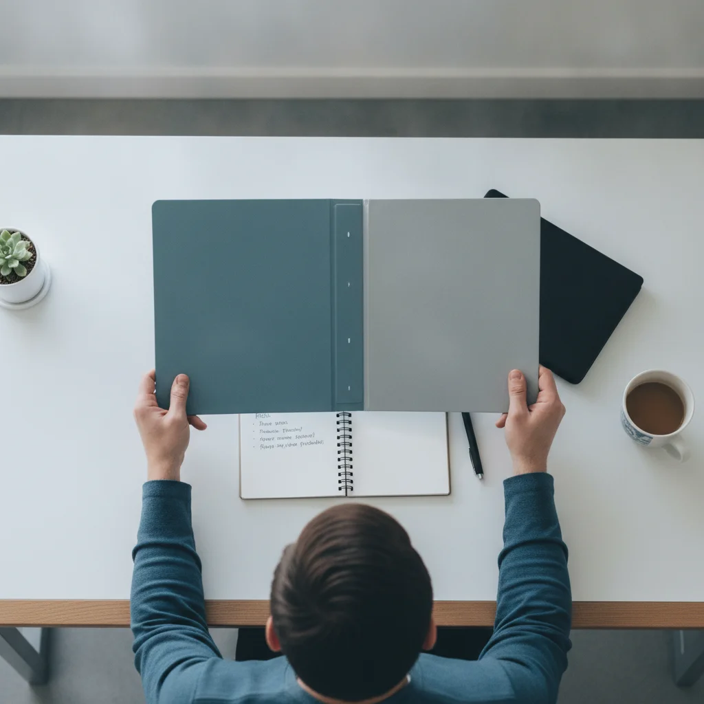 Person comparing two insurance policy folders at a desk with a written pros and cons list visible