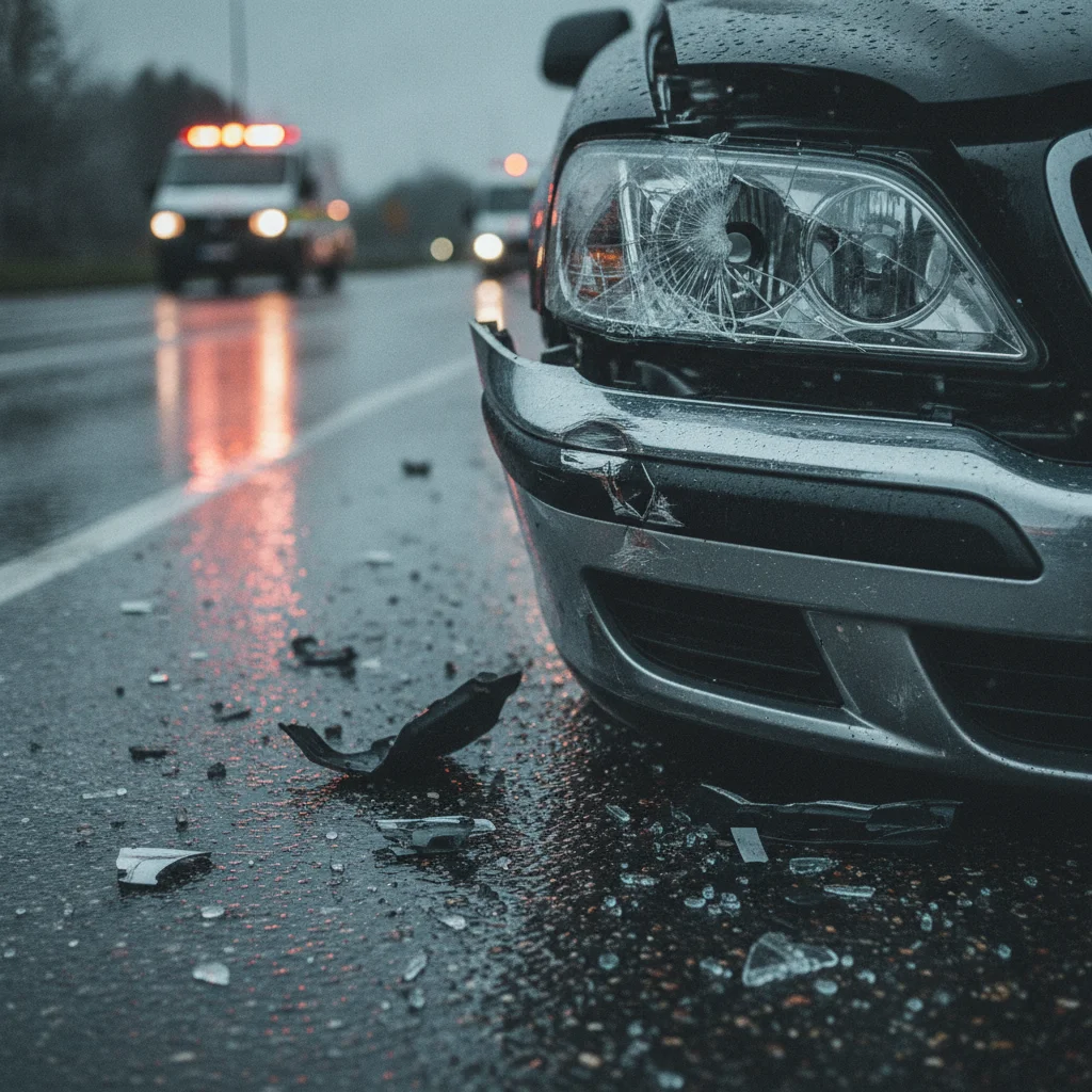 Damaged front bumper of a car after a collision on a wet road at night