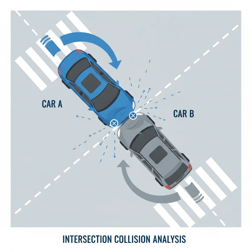 Overhead diagram of two cars colliding at an intersection with trajectory arrows