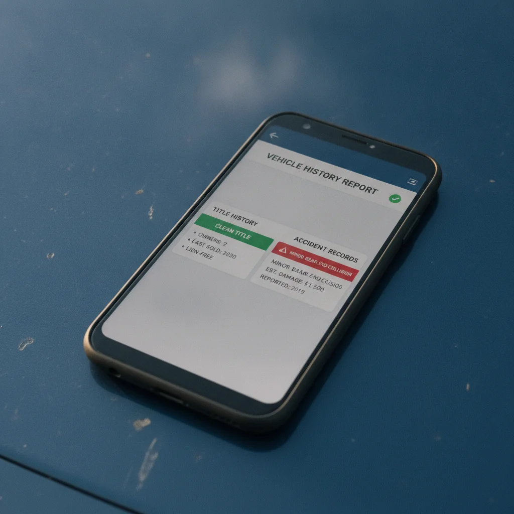 Smartphone showing a vehicle history report with title and accident sections on a car hood.