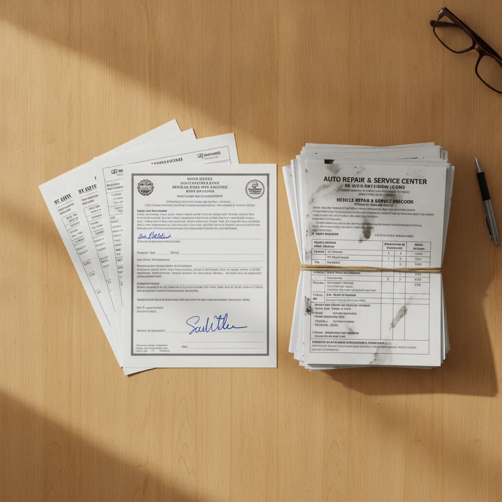 Car title document and service records spread on a desk, organized for a vehicle sale.