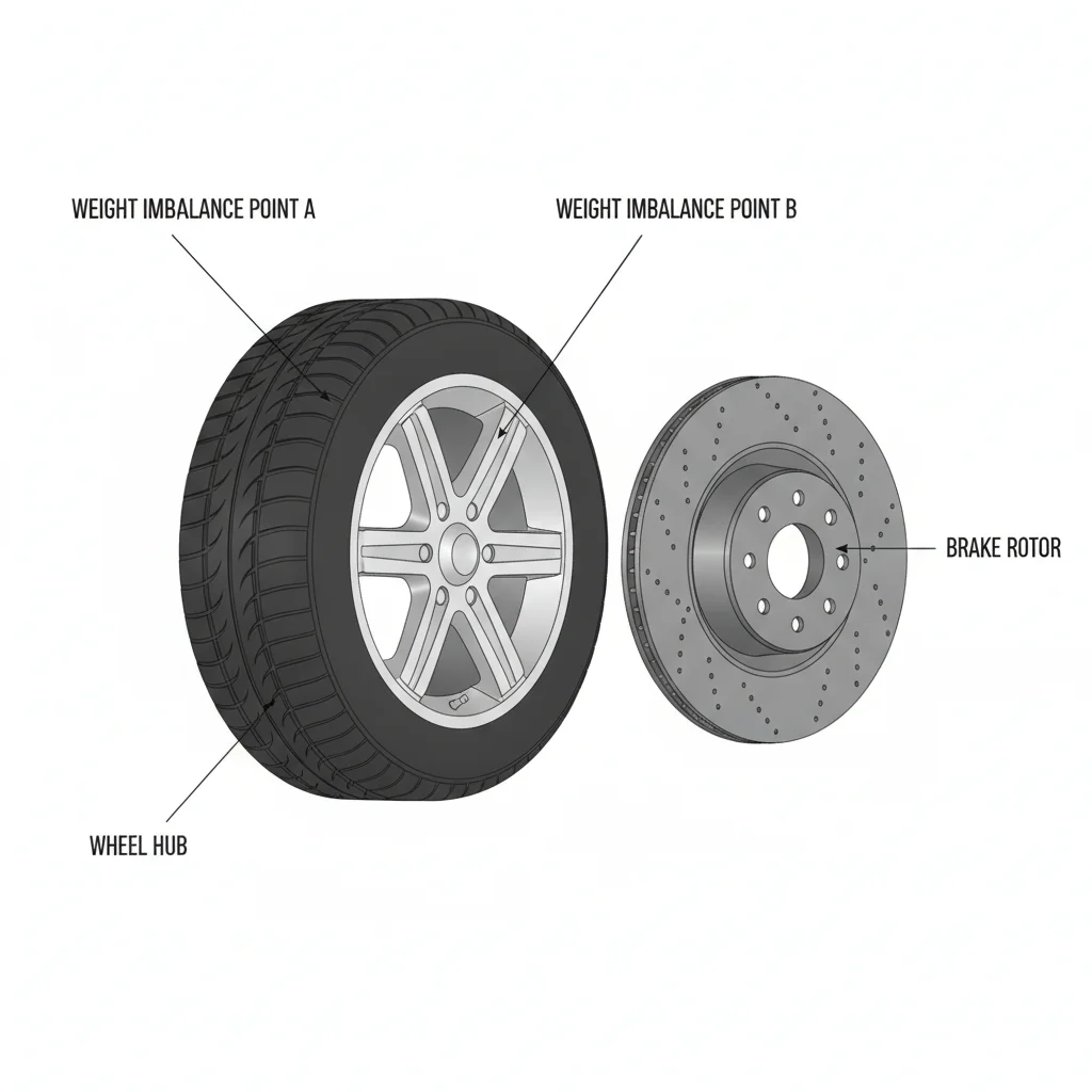 Diagram of a car wheel and tire assembly showing common imbalance and vibration points