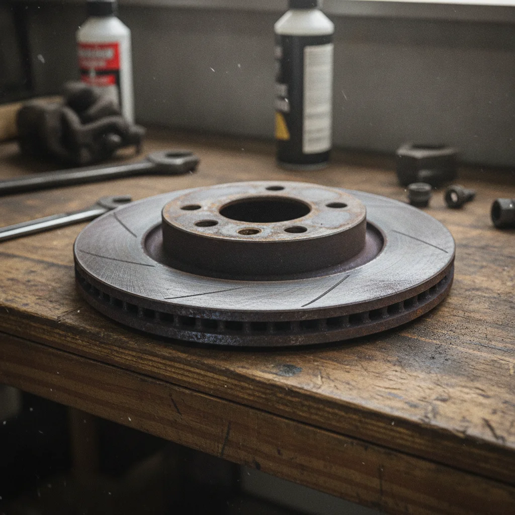Worn and grooved brake rotor with heat discoloration sitting on a workshop bench