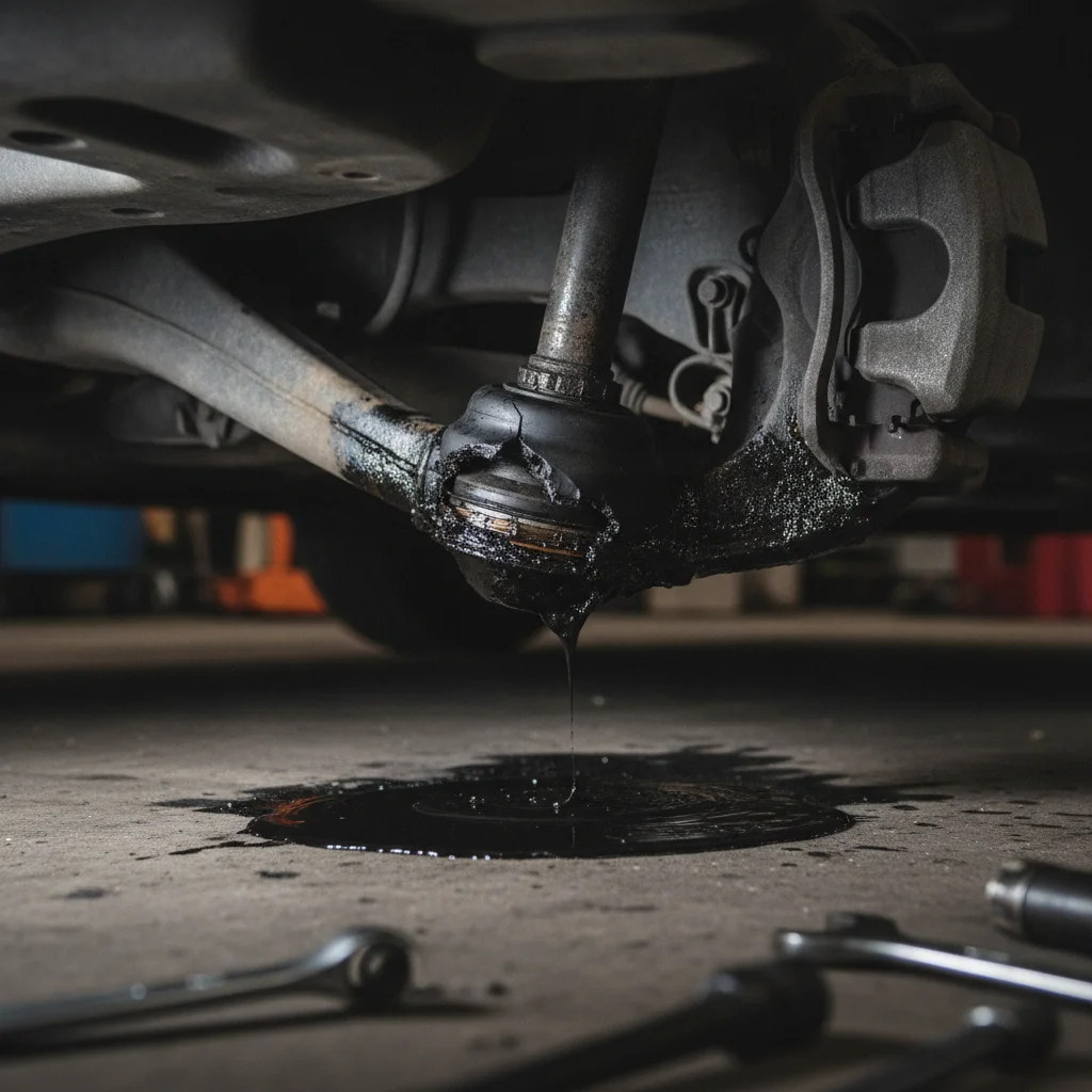 CV axle with a cracked and grease-covered rubber boot visible underneath a front-wheel drive vehicle