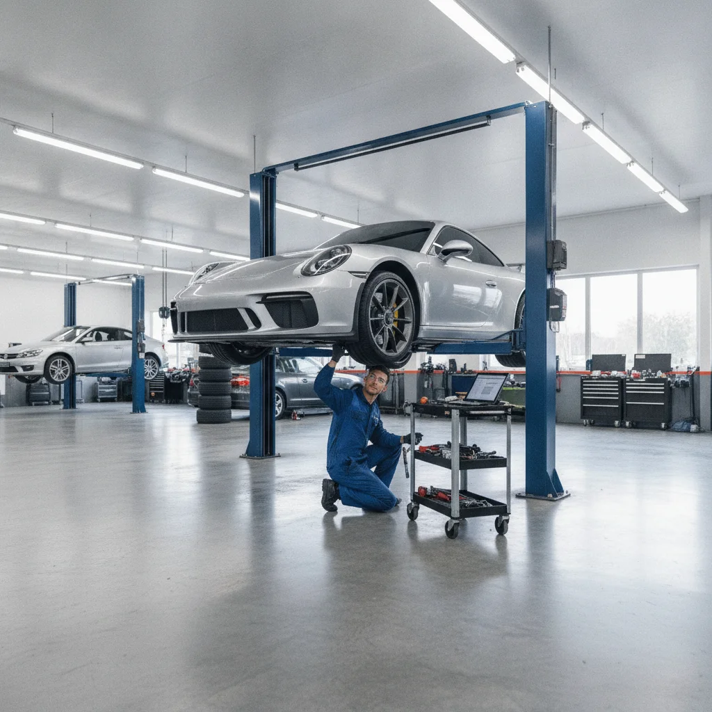 Mechanic inspecting suspension components under a car raised on a hydraulic lift in a repair shop