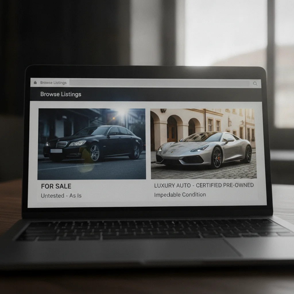 Laptop screen showing two car listing thumbnails side by side, one poor quality and one professional