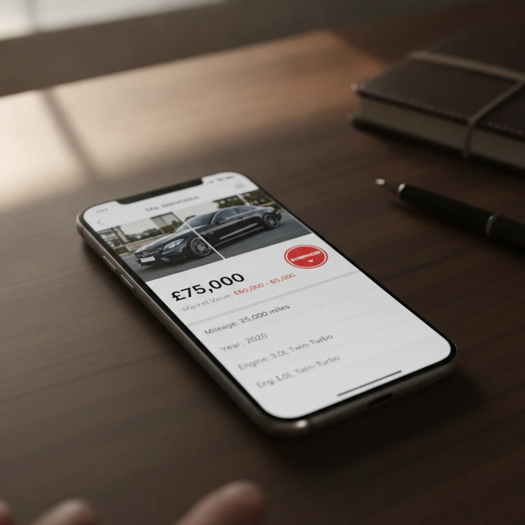 Smartphone showing a car listing with an overpriced rating badge on a marketplace app