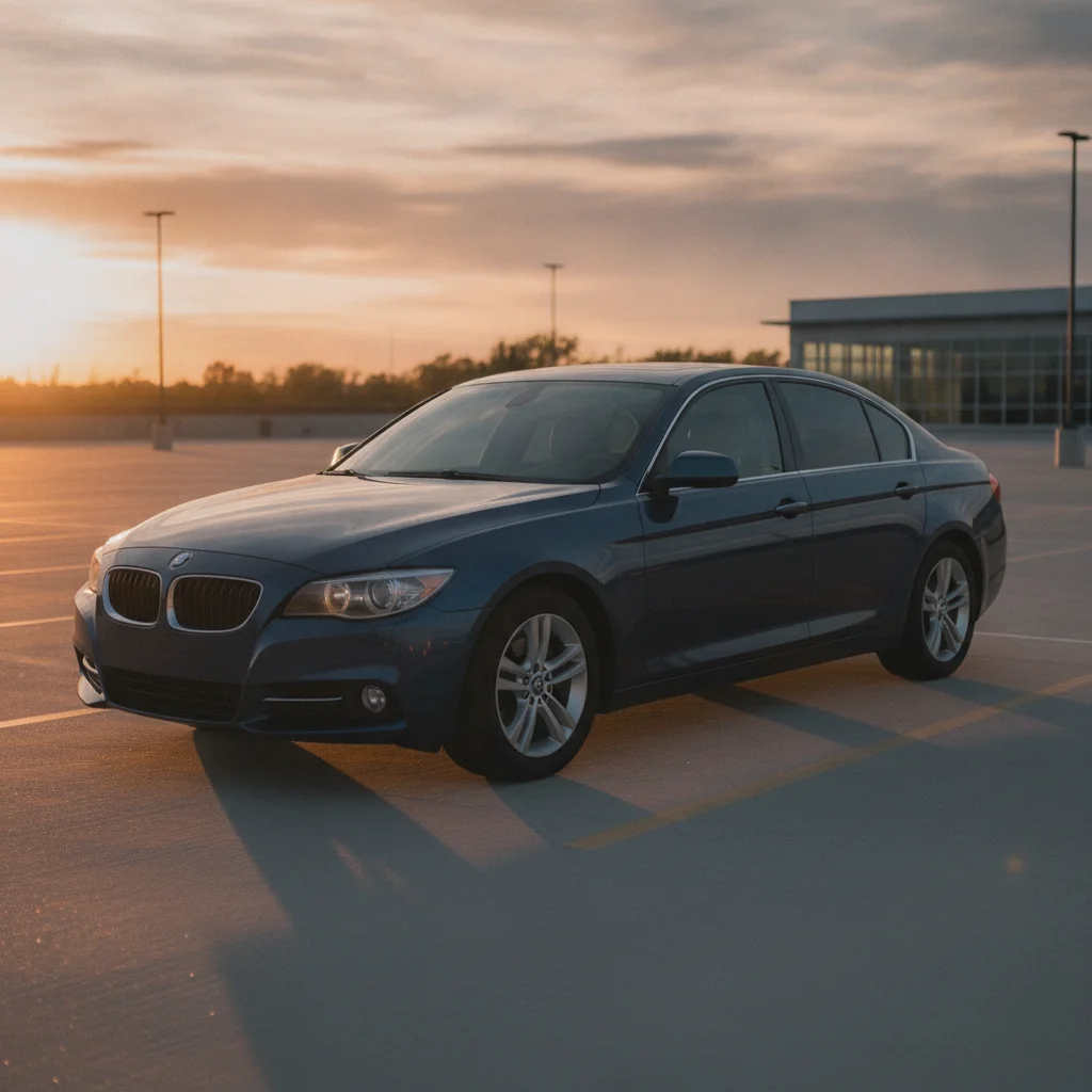 Clean used sedan photographed from three-quarter front angle in a parking lot at golden hour