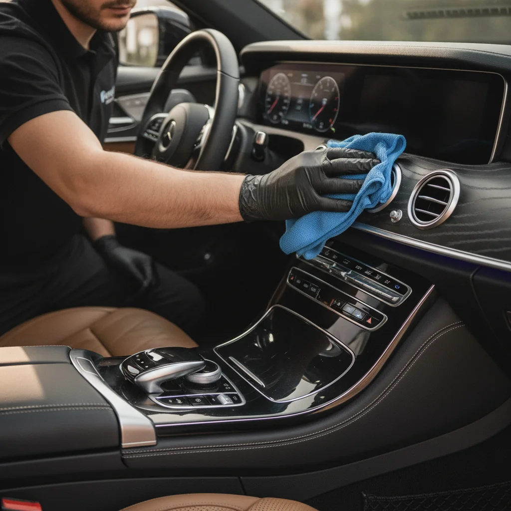 Detail worker cleaning a spotless car interior with a microfiber cloth under natural light
