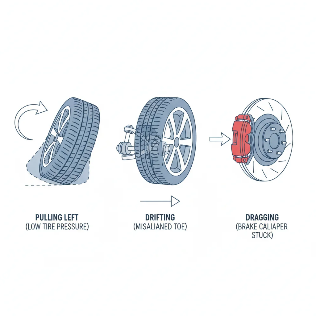 Illustration comparing three causes of car pulling: tire pressure, toe misalignment, and brake drag