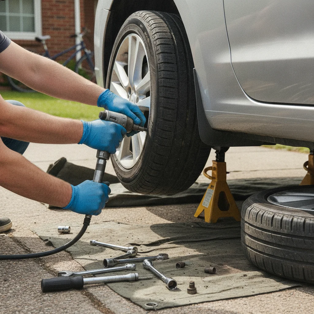 Mechanic swapping front tires side to side on a car raised on jack stands in a driveway