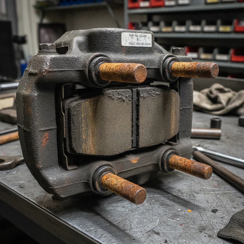Worn brake caliper with uneven pad wear and corroded slide pins shown on a workbench
