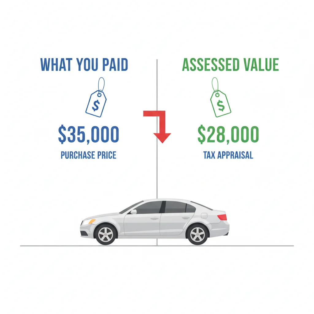 Split comparison showing purchase price tag versus government assessed value tag on the same vehicle