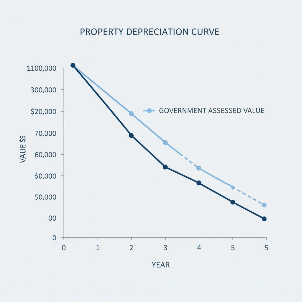 Graph comparing real-world vehicle depreciation curve versus slower government assessed value depreciation curve over five years