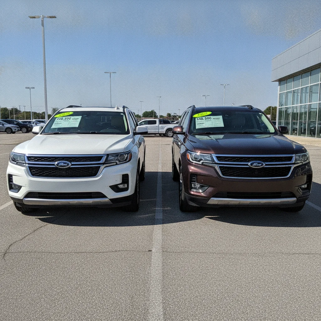 Two identical SUVs in white and brown parked side by side with different price placards