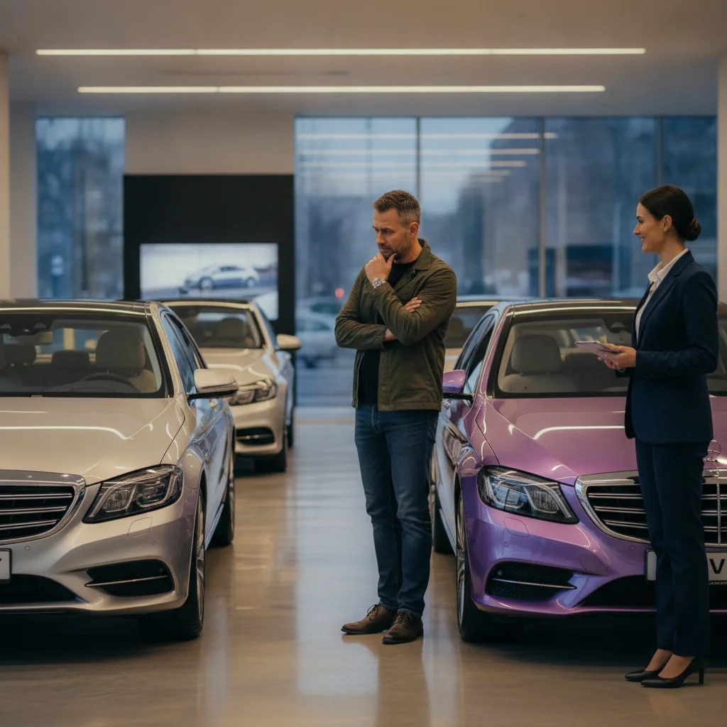 Car buyer in a dealership comparing two identical cars in silver and purple