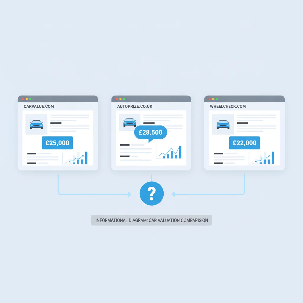 Three browser windows showing different car valuation websites with different price estimates displayed