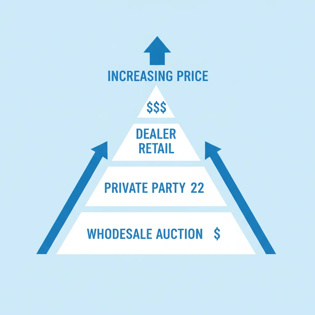 Pyramid diagram showing three market price tiers from wholesale auction at the bottom to dealer retail at the top
